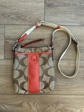 Coach Signature Canvas Crossbody Bag Khaki Orange Trim Purse